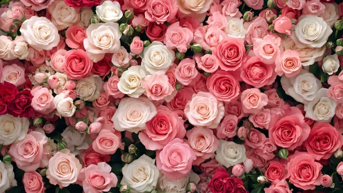 Dense floral arrangement displays pink, white, and red roses in full bloom.