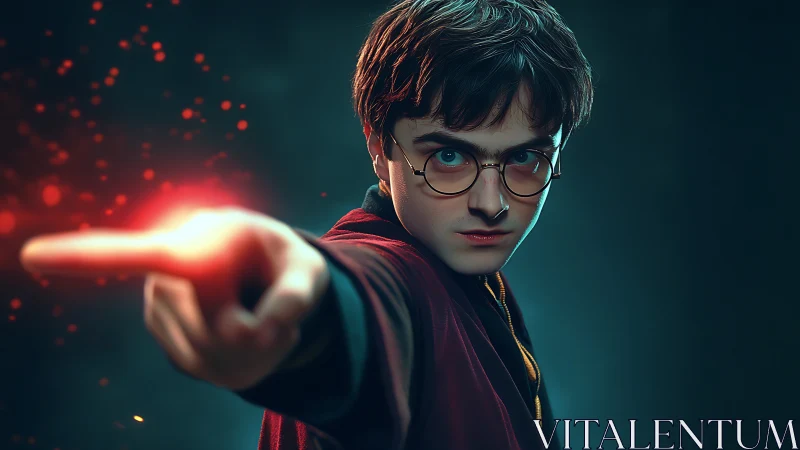 Young wizard casts glowing red spell in dramatic focus.