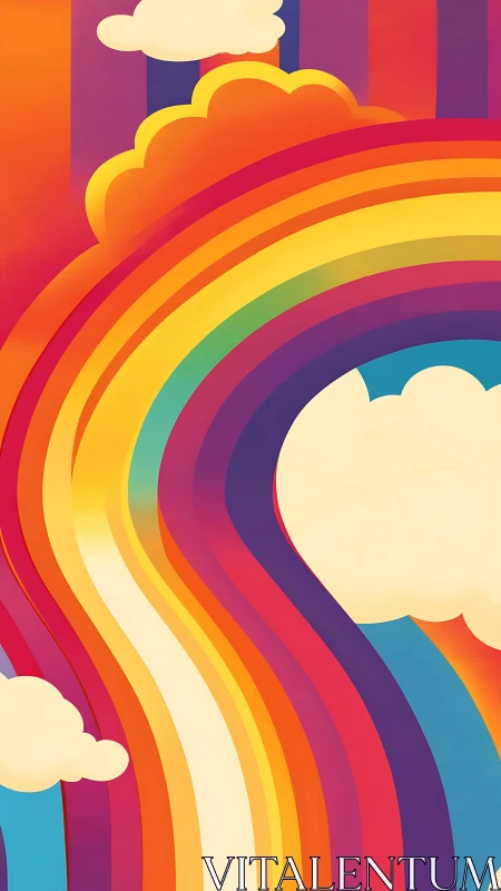 Vibrant curved rainbow over stylized clouds in sunset sky.