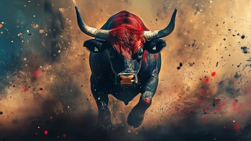 Digitally rendered bull charging through dust and debris.