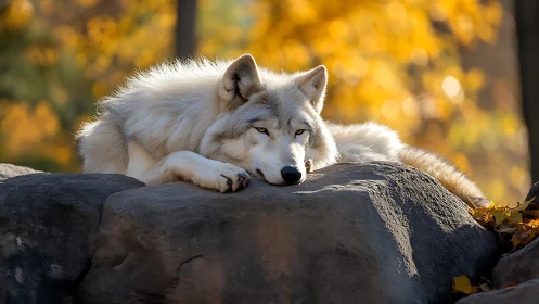 Resting white wolf on sunlit rocks in autumn forestscape.