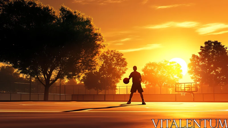 Silhouetted basketball player studies court under radiant sunset