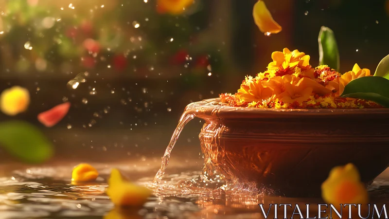 Golden flower bowl overflows in warm evening sunlight.