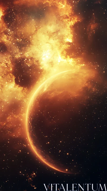 Crescent planet with dense orange nebula and starfield.