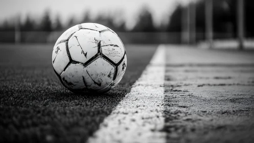 Monochrome soccer ball resting on textured touchline with shallow focus