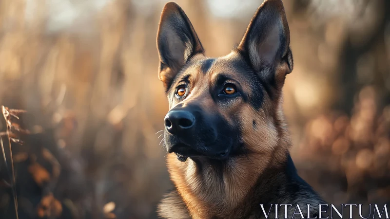 Gaze of a German Shepherd in warm autumn bokeh glow.