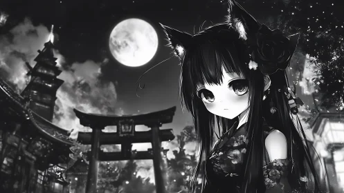 Moonlit fox-eared girl gazes softly over a tranquil shrine
