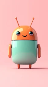 Candy-coated robot buddy beams on pastel pink stage.