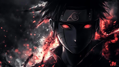 Dark stylized shinobi portrait with red glowing eyes.