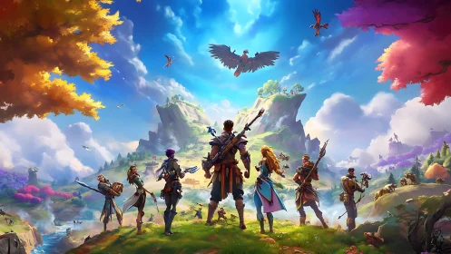 Fantasy adventurers survey lush valley under radiant sky