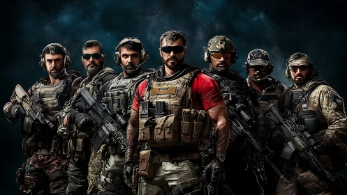 Armed tactical team portrait in combat gear formation.