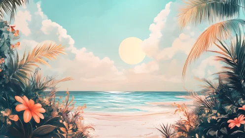 Tropical Paradise Beach Scene With Turquoise Waters And Golden Palm Fronds.
