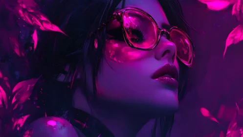 Neon magenta portrait isolates reflective glasses and glossy lips