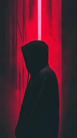 Silhouetted hooded figure in neon red corridor glow.