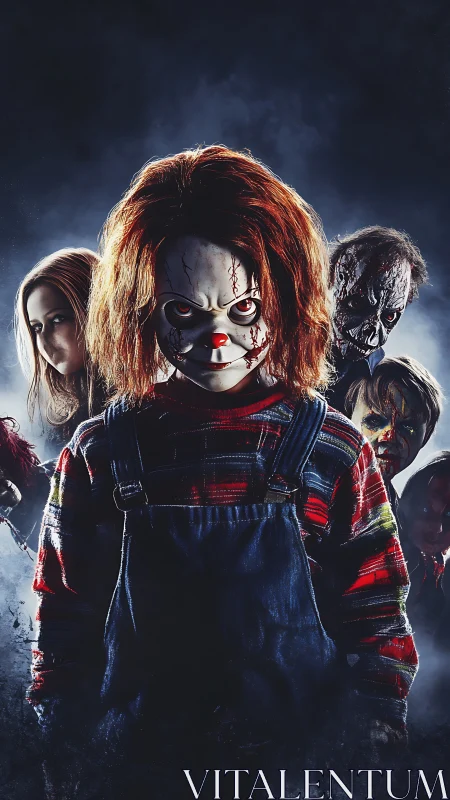 Horror doll portrait with stitched face and eerie entourage