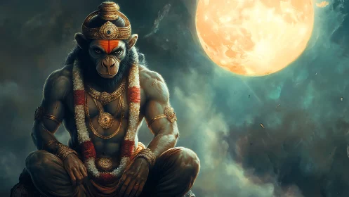 Mythic warrior monkey deity under luminous full moon.