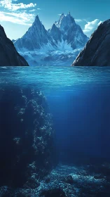 Mountain range and underwater rock pillar share vertical frame