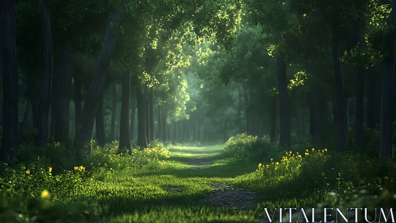 Forest Avenue with Luminescent Canopy and Axial Perspective.