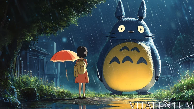 Girl and large forest creature in rainy roadside scene.