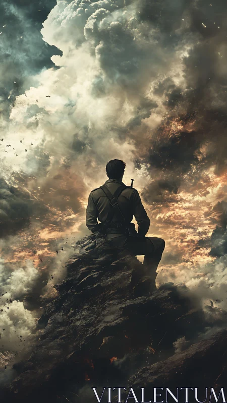 Lone soldier atop stormy peak under burning sky.