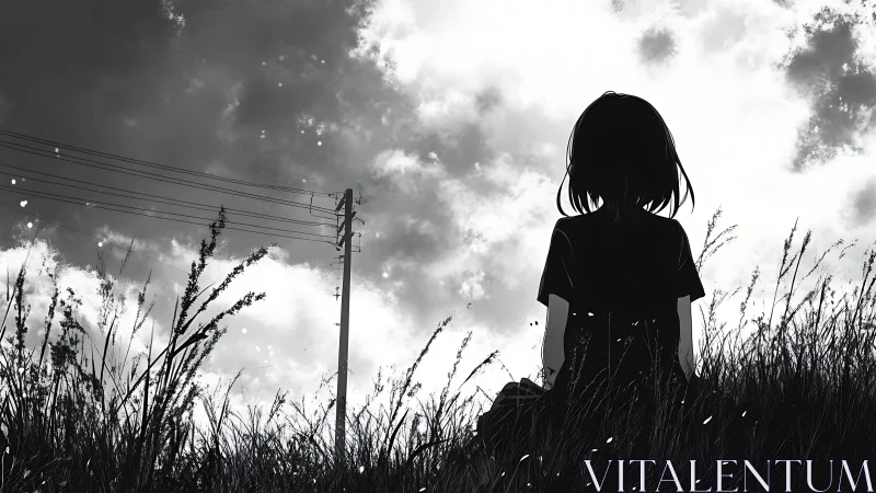 Lonely silhouette gazes at stormy sky over quiet field.