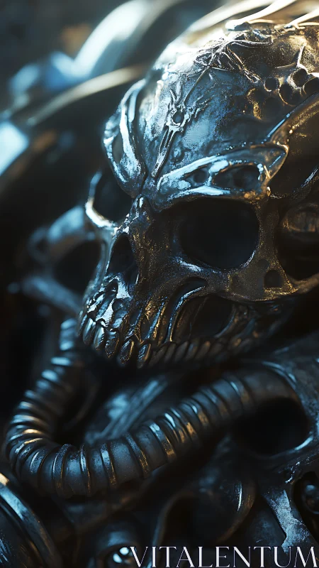 Metallic sci fi skull mask with tubes in cold light.