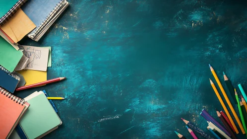 School notebooks and colored pencils surround empty teal board