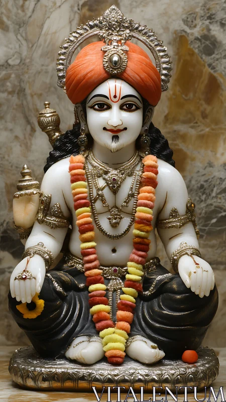 Marble deity statue displays ornate jewelry and garland