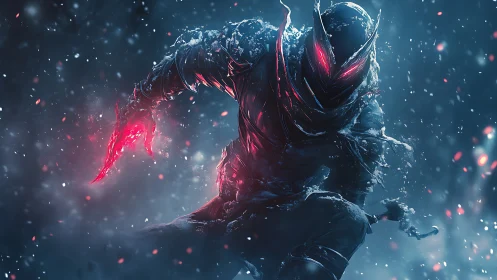 Armored shadow warrior unleashes blazing crimson power.