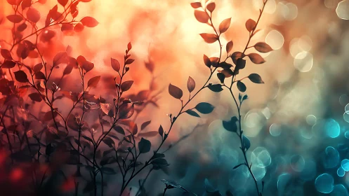 Silhouetted Leaves Against Vibrant Bokeh Background, Artistic Photo.