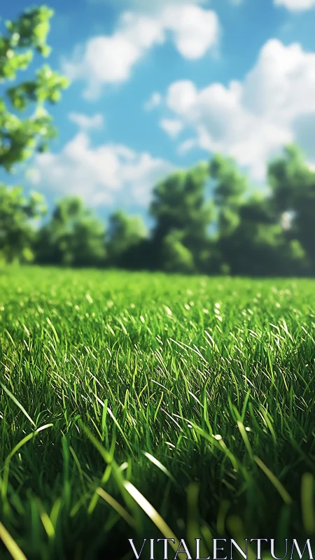 Sunlit summer meadow with soft clouds and bright grass.