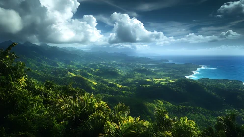 Emerald coastline under storm-kissed clouds and restless light.