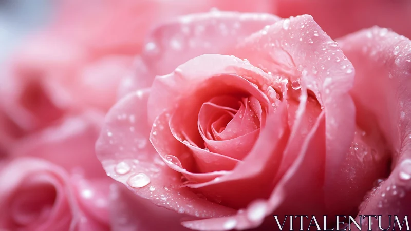 Pink rose bloom captured with water droplets in macro focus.