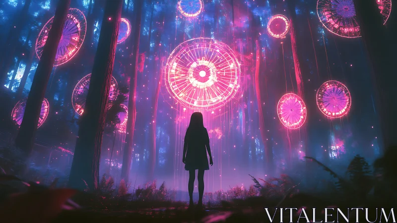 Silhouette observes radial neon structures suspended in forest