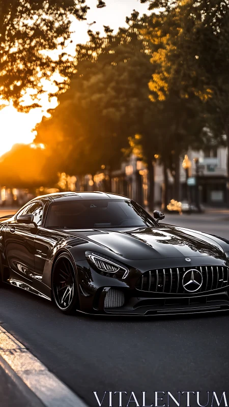 Photorealistic black coupe under golden hour street lighting.