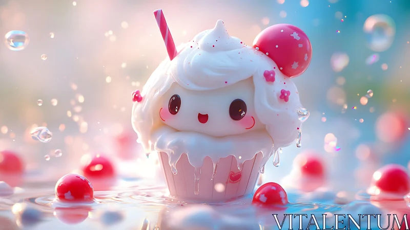 Three-dimensional cupcake character with anthropomorphic features and decorative elements.