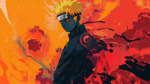 Fiery ninja silhouette amid swirling crimson chakra storm.