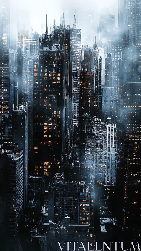 Moody foggy city skyline with dense lit skyscrapers at night.