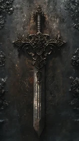 Ornate dark fantasy sword mounted on textured wall.