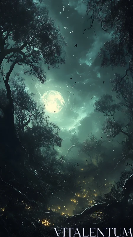 Lunar vista through ancient forest canopy with bioluminescent valley