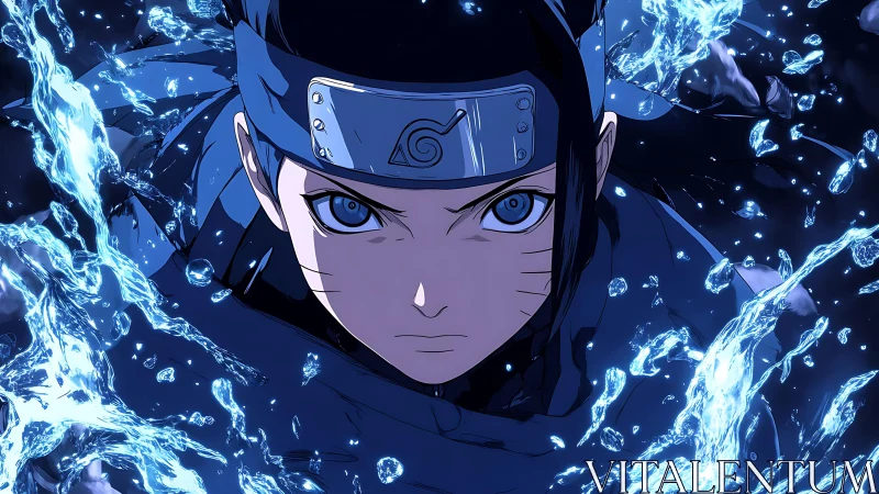 Intense ninja hero surges forward through swirling water power