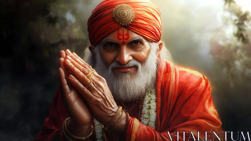 Smiling Hindu guru in orange robes under soft golden light.