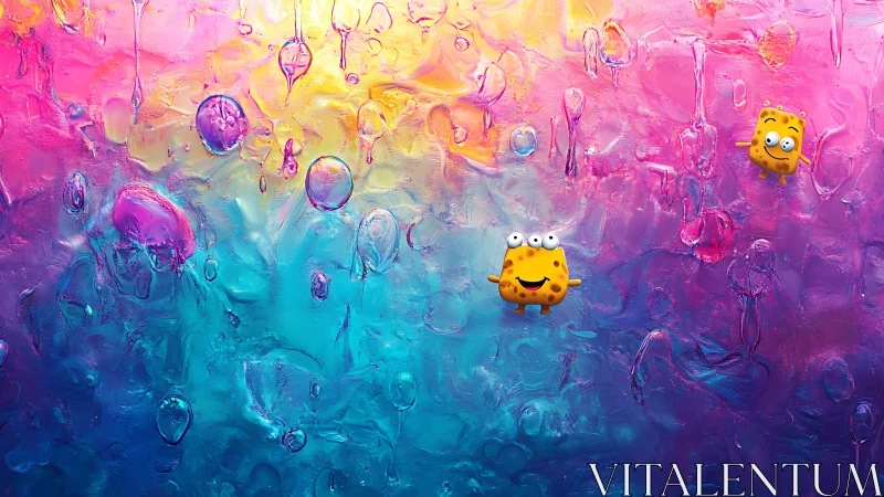 Playful cartoon monsters float over glowing rainbow textures