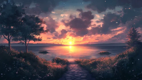 Sunset-illuminated lakeside path with atmospheric scattering detail