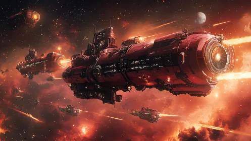Heavy assault cruisers execute high-thrust burn through ionized nebula