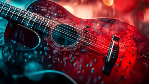 Close-up of wet red acoustic guitar under colored lights.