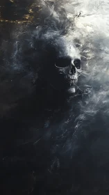 Ethereal skeletal figure dissolving into swirling shadow fog