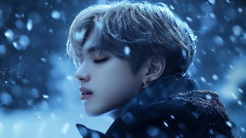 Side-profile winter portrait of silver-haired youth in snowfall
