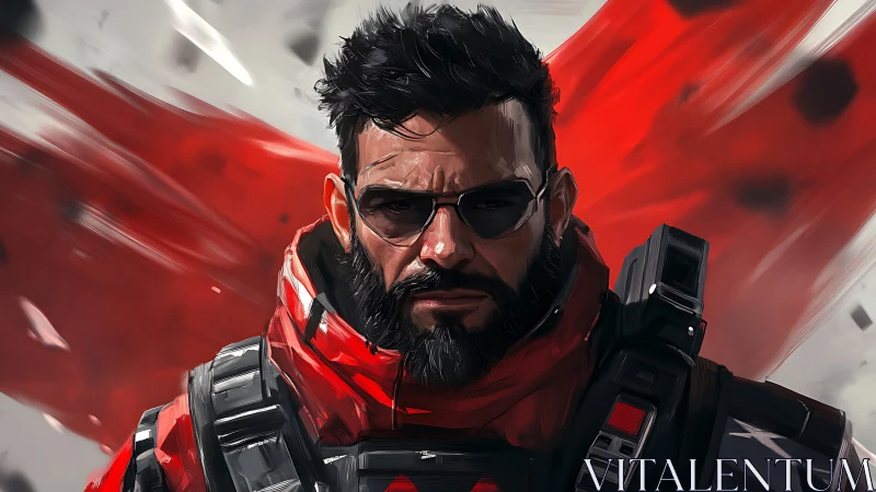Bearded tactical figure in red gear with abstract backdrop.
