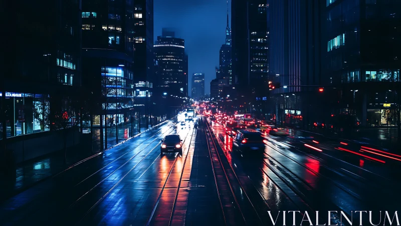 Rain-soaked city avenue glows under blue and red night lights